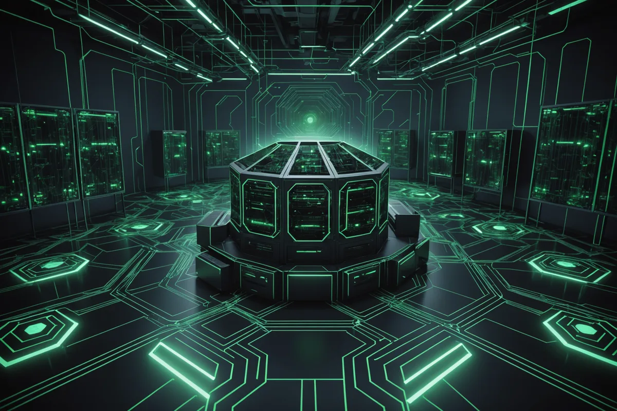 Abstract visualization of an enterprise network perimeter with AI data flow nodes contained within a secure boundary